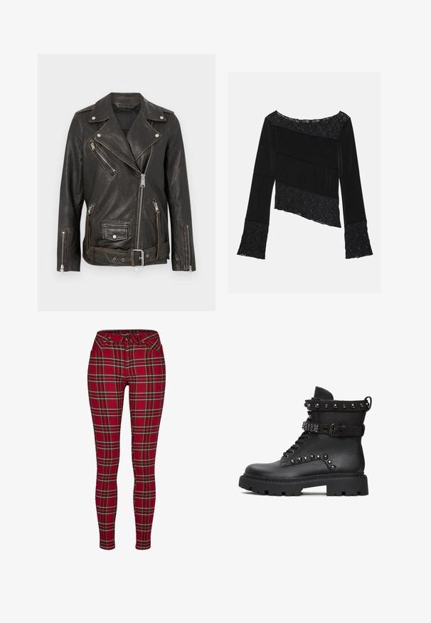 Schwarze Leder-Bikerjacke mit Reißverschlusstaschen, silbernen Beschlägen und einem verstellbaren Gürtel. Verfügt über ein klassisches asymmetrisches Design und eine strukturierte Oberfläche.; Schwarzes Langarmoberteil mit einer Kombination aus glattem Stoff und strukturierten Spitzenakzenten, mit asymmetrischem Schnitt und ausgestellt geschnittenen Ärmeln.; Rote karierte Skinny Jeans mit einer taillierten Passform, die gelbe und schwarze Linien aufweisen, einem Knopfverschluss und klassischen Fronttaschen.; Schwarze Leder-Stiefeletten mit strukturiertem Finish, ausgestattet mit dekorativen Nieten, einem Schnallenriemen und einer robusten, klobigen Sohle.