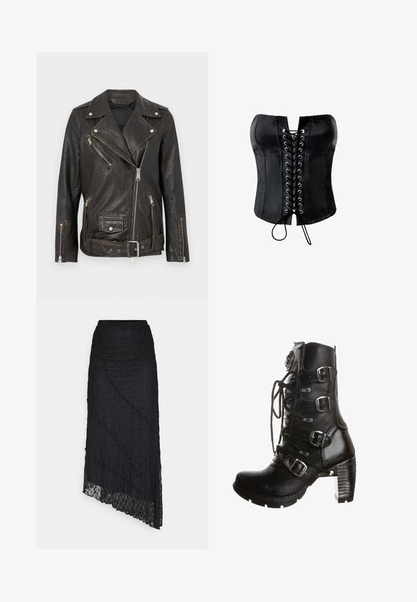Schwarze Leder-Bikerjacke mit Reißverschlusstaschen, silbernen Beschlägen und einem verstellbaren Gürtel. Verfügt über ein klassisches asymmetrisches Design und eine strukturierte Oberfläche.; Schwarzes Satin-Korsett mit strukturierter Form, vorderer Schnürung mit silbernen Ösen und glattem Finish. Mit geradem, trägerlosem Ausschnitt.; ONLY ONLKIM SLIT - Maxirock - black; Schwarzer Lederstiefel bis zur Mitte der Wade mit vorderer Schnürung, vier silbernen Schnallenriemen und einem kräftigen Absatz.