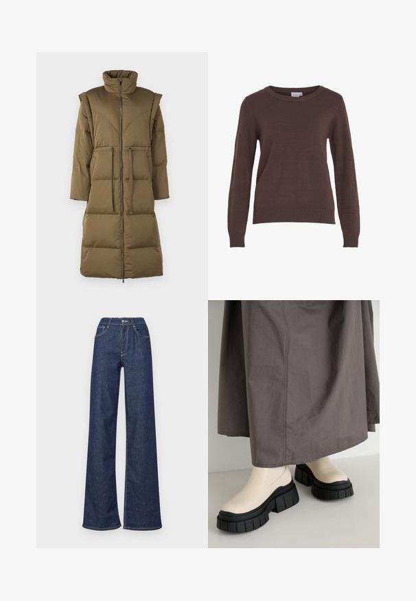 Manteau en duvet vert olive avec un col montant, fermeture éclair à l'avant et deux poches avant. Il présente un matelassage horizontal et une silhouette décontractée.; VILA VIRIL O-NECK L/S KNIT TOP - NOOS - Pullover - coffee bean; Un jean en denim à jambes larges de couleur bleu foncé, avec une taille haute, des poches avant, des coutures visibles et une finition propre aux ourlets.; Bottines beiges avec une semelle épaisse noire, dessus en cuir lisse et bout rond. Une jupe grise les couvre partiellement.