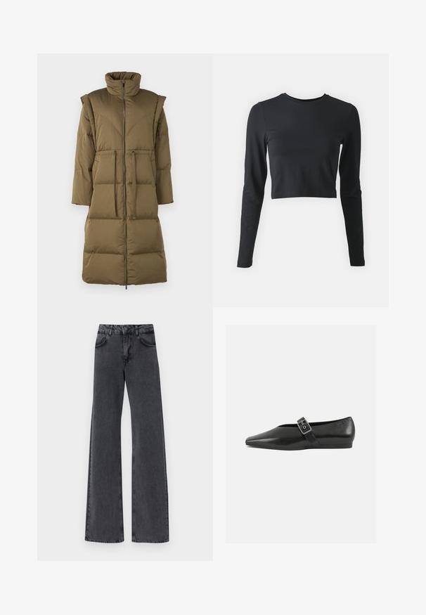 Manteau en duvet vert olive avec un col montant, fermeture éclair à l'avant et deux poches avant. Il présente un matelassage horizontal et une silhouette décontractée.; T-shirt noir à manches longues et coupé court, fabriqué en tissu doux et extensible. Il présente un col rond et des manches ajustées, avec une couleur unie et sans motifs.; Jean flare en denim noir avec taille haute, présentant deux poches avant et des détails de couture subtils le long des coutures.; Chaussure plate en cuir noir avec un orteil pointu, présentant une sangle à boucle métallique sur le cou-de-pied et une semelle basse et flexible.