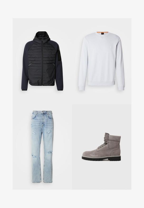 Hoodie s čiernym prešívaným predným dielom, námorníckymi modrými rukávmi, so zipsovým zapínaním a bočnými vreckami. Obsahuje nášivku loga na rukáve.; Biely sveter s dlhými rukávmi, okrúhlym výstrihom a jemným logom. Hladká textúra a rebrované manžety a lem pre priliehavý vzhľad.; Svetlé denimové džínsy s uvoľneným strihom, ktoré majú poškodené miesta a rozstrapkané okraje. Tkanina má mäkkú a hladkú textúru.; Sivé semišové členkové topánky s okrúhlou špičkou, kovovými očkami a hrubou čiernou gumovou podrážkou. Majú hladký povrch a vystužené švy.