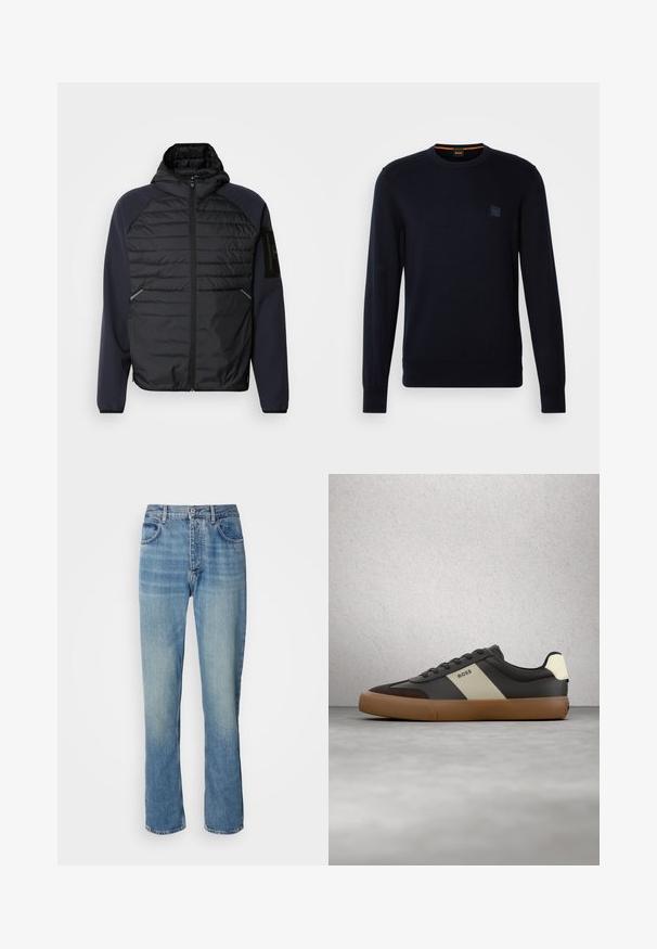 Hoodie s čiernym prešívaným predným dielom, námorníckymi modrými rukávmi, so zipsovým zapínaním a bočnými vreckami. Obsahuje nášivku loga na rukáve.; Námornícka modrá pletená mikina s dlhými rukávmi, okrúhlym výstrihom, rebrovanými manžetami a lemom, s malou štvorcovou nášivkou na hrudi.; Svetlomodré džíny rovného strihu s vysokým pásom, predným gombíkom, zipsom a dizajnom s piatimi vreckami.; Čierna a hnedá teniska s béžovým pruhom a logom „BOSS“, ktorá sa vznáša nad sivou betónovou podlahou a pozadím zo sklenených blokov.