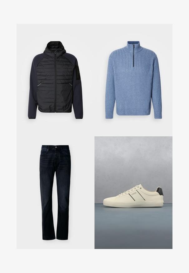 Hættetrøje med en sort quiltet front, marineblå ærmer, lynlåslukning og sidelommer. Har et logo-patch på ærmet.; Lyst blå ribbestrikket sweater med opretstående krave og en delvis lynlås ved halsen; har lange ærmer og en lige kant.; Mørk indigoblå jeans med lige ben, lukning foran med knap og lynlås, bæltestropper og fem-lomme-design, vist på ensfarvet lys baggrund.; Cremefarvede sneakers med en glat tekstur, der har sorte accenter og branding. Klassisk snørebåndsdesign med rund tå og gummisål.