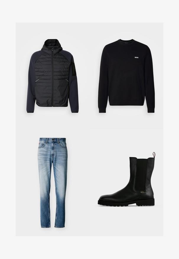 Veste à capuche avec un devant matelassé noir, des manches bleu marine, une fermeture éclair et des poches latérales. Dotée d'un patch logo sur la manche.; Pull en laine noir à manches longues avec un petit logo blanc "BOSS" sur la poitrine gauche, des poignets et un ourlet côtelés, présenté sur un fond blanc.; Jean bleu délavé à coupe droite avec cinq poches, fermeture par bouton et passants pour ceinture, présenté à plat sur fond blanc.; Bottine en cuir noir avec un panneau latéral élastique, une semelle épaisse et une languette à l’arrière, featuring un petit logo doré "Hugo" près du talon.