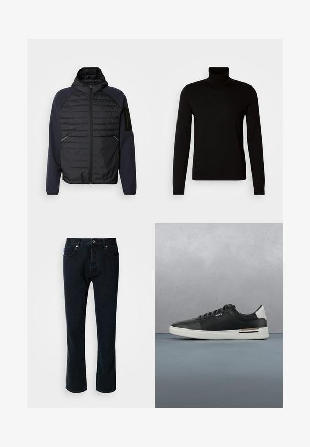 Hættetrøje med en sort quiltet front, marineblå ærmer, lynlåslukning og sidelommer. Har et logo-patch på ærmet.; Sort turtleneck sweater lavet af et fint strikket stof, der har lange ærmer og en tætsiddende silhuet. Glat tekstur med ribbede manchetter.; HUGO JONAH - Jeans Straight Leg - dark blue; Sort lædersneaker med hvid sål, har perforeringer, snørebåndsdesign, logo på siden og kontrasterende hældetalje i hvid og brun.