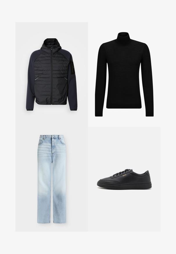 Veste à capuche avec un devant matelassé noir, des manches bleu marine, une fermeture éclair et des poches latérales. Dotée d'un patch logo sur la manche.; Pull à col roulé noir en matériau doux, avec des manches longues et une coupe ajustée. Finition côtelée au bas et aux poignets. Design simple.; Jeans bleu clair taille haute à jambes droites, avec poches avant, passants de ceinture et fermeture par bouton.; Baskets en cuir noir avec une texture lisse, bout rond, semelle en caoutchouc plate et lacets ton sur ton. Présente une marque "BOSS" dorée sur le côté.