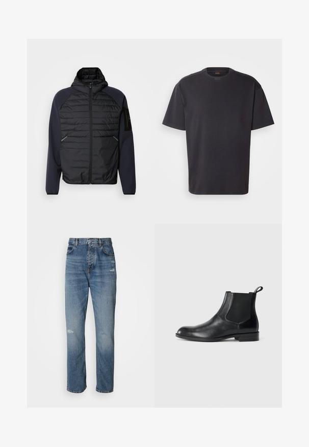 Hoodie s čiernym prešívaným predným dielom, námorníckymi modrými rukávmi, so zipsovým zapínaním a bočnými vreckami. Obsahuje nášivku loga na rukáve.; Čierne tričko s krátkym rukávom vyrobené z bavlny, s okrúhlym výstrihom a jemným brandingom na golieri. Hladká textúra s voľným strihom.; Svetlo modré džínsy s rovnou nohavicou, vybavené zapínaním na gombík a zips, piatimi vreckami a opotrebovanými detailmi v oblasti kolena.; Čierne kožené členkové boty s elastickými bočnými panelmi, zaoblenou špičkou a úchytom na ťahanie. Hladká textúra, plochá podrážka, minimalistický dizajn.