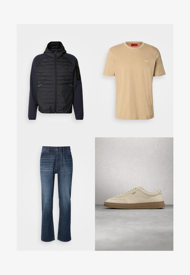 Hættetrøje med en sort quiltet front, marineblå ærmer, lynlåslukning og sidelommer. Har et logo-patch på ærmet.; Beige bomulds t-shirt med rund halsudskæring, korte ærmer og et lille hvidt "HUGO" logo på brystet. Glat tekstur uden mønstre.; Denim jeans med lige ben design, medium vask, fem-lomme stil og knaplukning. Stoffet har en glat tekstur med let falmede områder.; Lyse beige ruskindssneaker med gummisål i farven gum, tydelige snørebånd og fine syningsdetaljer. Ren design med et minimalistisk æstetisk udtryk.