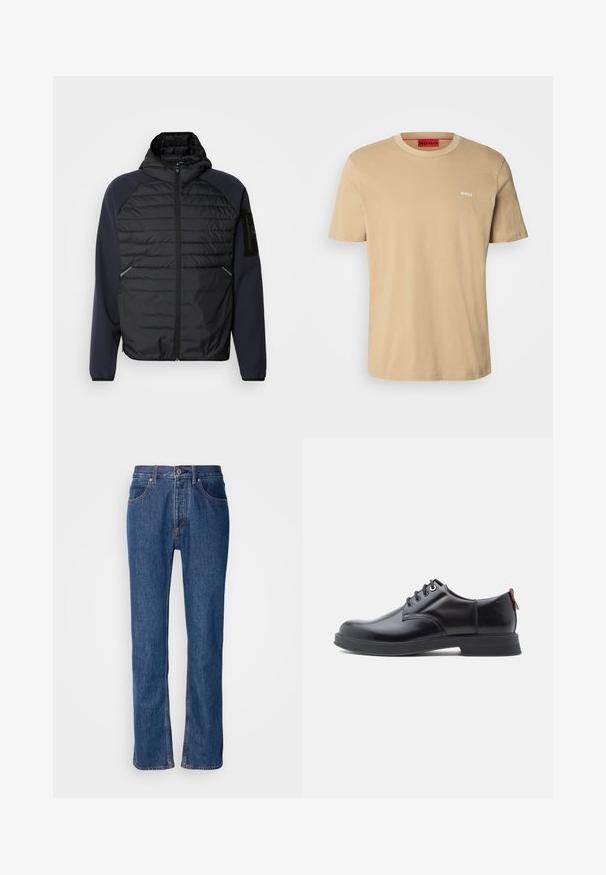 Hoodie s čiernym prešívaným predným dielom, námorníckymi modrými rukávmi, so zipsovým zapínaním a bočnými vreckami. Obsahuje nášivku loga na rukáve.; Béžové bavlnené tričko s okrúhlym výstrihom, krátkymi rukávmi a malým bielym logom "HUGO" na hrudi. Hladká textúra bez vzoru.; Modré džínsy s rovný strihom, dizajnom s piatimi vreckami a svetlým prešívaním. Obsahujú zips a predné zapínanie na gombík.; Čierne kožené šnurovacie topánky s hladkou textúrou, zaoblenou špičkou a jemnými švami. Na päte je červené sťahovacie očko.