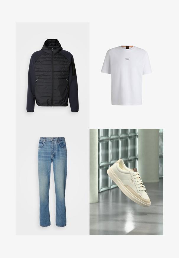 Hoodie s čiernym prešívaným predným dielom, námorníckymi modrými rukávmi, so zipsovým zapínaním a bočnými vreckami. Obsahuje nášivku loga na rukáve.; Biela bavlnená tričko s krátkymi rukávmi, na prednej strane so stredne umiestneným čiernym logom "BOSS" a okrúhlym výstrihom.; Svetlomodré džíny rovného strihu s vysokým pásom, predným gombíkom, zipsom a dizajnom s piatimi vreckami.; Biele nízke tenisky s béžovými detailmi a šnúrkami, s označením "BOSS", ktoré vznášajú nad leštenou podlahou s pozadím zo sklenených blokov.
