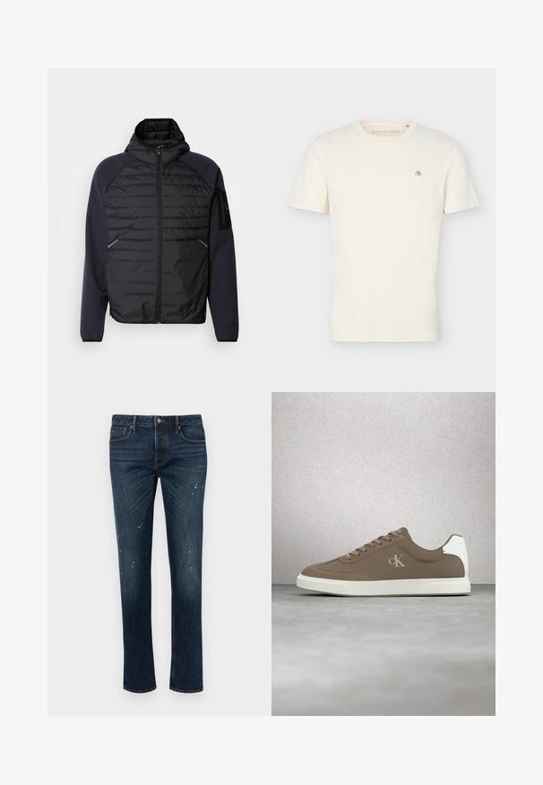 Chaqueta con capucha, con un frente negro acolchado, mangas azul marino, cierre con cremallera y bolsillos laterales. Presenta un parche con el logo en la manga.; Camiseta lisa de manga corta de color blanco hueso con cuello redondo y pequeño logo "Scotch & Soda" en la parte superior izquierda del pecho.; Vaqueros ajustados de color azul oscuro con ligero desvanecido y pequeñas manchas de pintura blanca, con cinco bolsillos y cierre de botón.; Zapatilla Taupe de Calvin Klein con cordones beige y suela blanca, flotando sobre un suelo gris liso cerca de una pared de bloques de vidrio.