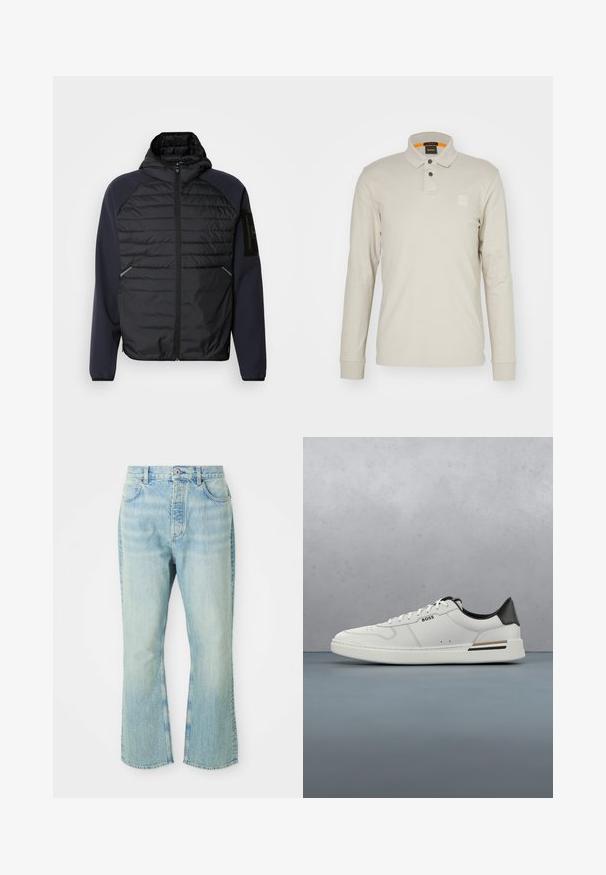 Veste à capuche avec un devant matelassé noir, des manches bleu marine, une fermeture éclair et des poches latérales. Dotée d'un patch logo sur la manche.; Polo à manches longues en coton beige clair. Il dispose d'un col, de deux boutons et d'un petit logo en relief sur la poitrine. Col intérieur orange.; Jeans évasés en denim bleu clair avec une taille haute, dotés de cinq poches, de passants de ceinture et d'une texture délavée.; Sneaker basse blanche avec talon noir, fermeture à lacets, perforations subtiles et logo "BOSS" sur le côté, vue depuis le profil extérieur.