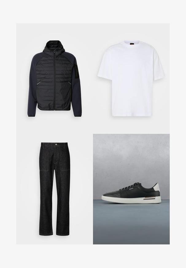 Hoodie s čiernym prešívaným predným dielom, námorníckymi modrými rukávmi, so zipsovým zapínaním a bočnými vreckami. Obsahuje nášivku loga na rukáve.; Biely bavlnený tričko s okrúhlym výstrihom, krátkymi rukávmi a voľným strihom. Obsahuje textúrované ramenné švy pre dodatočný detail.; Čierne rifľové nohavice so širokými nohavicami, viditeľným prešitím a zapínaním na gombík vpredu. Obsahuje dve bočné vrecká a dve zadné vrecká.; Čierne kožené tenisky s bielou podrážkou, obsahujú perforácie, šnurovací dizajn, logo na boku a kontrastné detaily na päte v bielej a hnedej farbe.