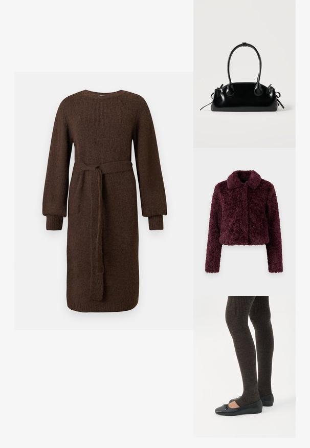 Veste courte bordeaux en tissu pelucheux et texturé avec un col et des manches longues. Pas de fermetures visibles ni d'embellissements.; Robe en tricot brun à manches longues avec des poignets côtelés et une ceinture à nouer amovible, longueur genou, col rond simple.; Jambes portant des leggings côtelés foncés associés à des ballerines noires avec de petits détails en nœud sur fond blanc.; Petit sac à main noir brillant avec deux longues anses et des détails à cordon sur les côtés sur un fond clair uni.