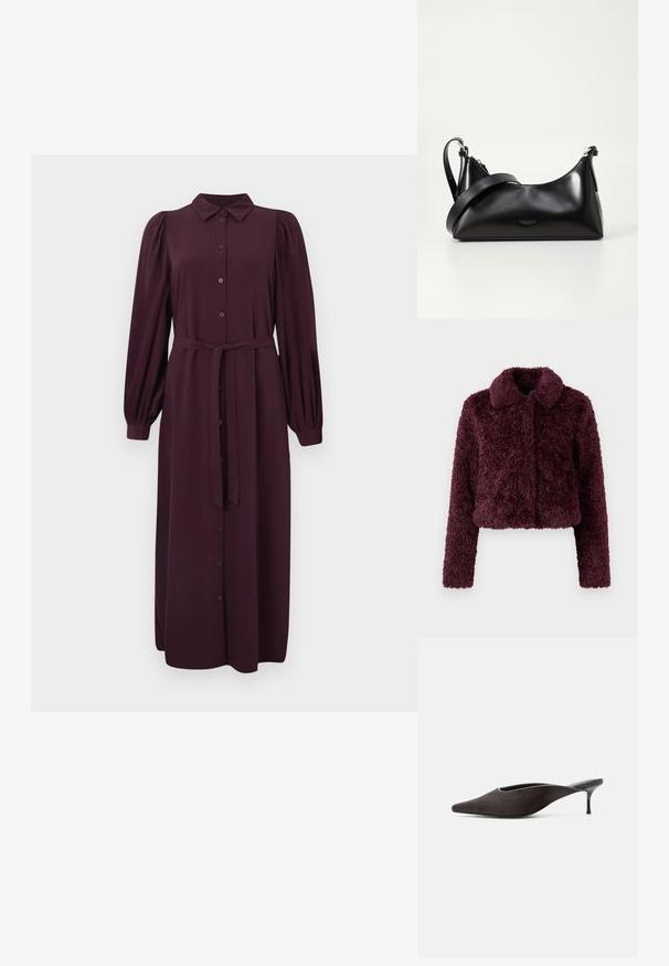 Veste courte bordeaux en tissu pelucheux et texturé avec un col et des manches longues. Pas de fermetures visibles ni d'embellissements.; Robe longue bordeaux avec un col, des boutons sur le devant et des manches bouffantes. Présente une ceinture à la taille et une texture de tissu lisse.; Mule noire à bout pointu, talon stiletto bas et finition lisse et élégante, vue de profil sur fond blanc.; Sac à main en cuir noir avec une texture lisse. Dispose d'une bandoulière adjustable et d'un design élégant et minimaliste avec une fermeture éclair.