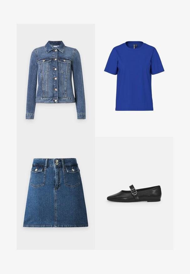 Blaue Jeansjacke mit Knopfverschluss, zwei Brusttaschen mit Klappen, langen Ärmeln und Kragen, flach auf weißem Hintergrund liegend.; Schlichtes königsblaues T-Shirt mit kurzen Ärmeln und Rundhalsausschnitt, legere Passform mit sichtbaren Markenetiketten im inneren Nackenbereich.; Jeansrock in Dunkelblau mit tailliertem Bund, zwei Vorder- und zwei Hintertaschen sowie silberfarbener Knopfverschluss.; Schwarzer Lederflatschuh mit runder Zehenform, einem verstellbaren Schnallenriemen und einer glatten, glänzenden Oberfläche. Minimalistisches Design mit einem niedrigen Absatz.