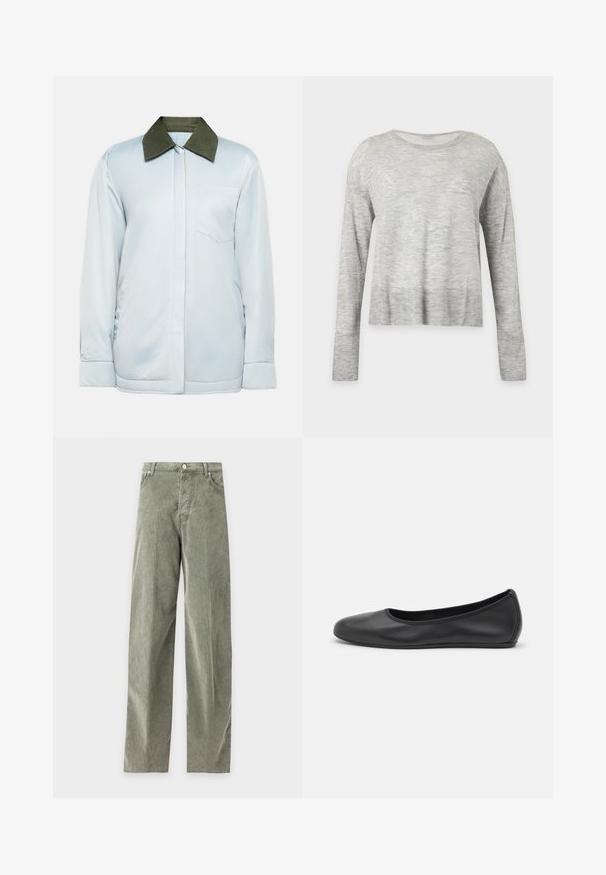 Veste bleu clair en tissu lisse avec un col en velours côtelé vert foncé, une poche poitrine et des poignets à bouton. Design simple et moderne.; Pull gris clair à manches longues avec un col rond et une coupe légèrement ample, présenté sur un fond clair uni.; Pantalon droit en velours côtelé vert avec bouton et fermeture éclair à l'avant, passants pour ceinture, poches latérales et arrière, présenté à plat sur un fond uni.; Ballerines en cuir noir avec un bout rond, texture lisse, détails de couture minimalistes et design de semelle flexible.