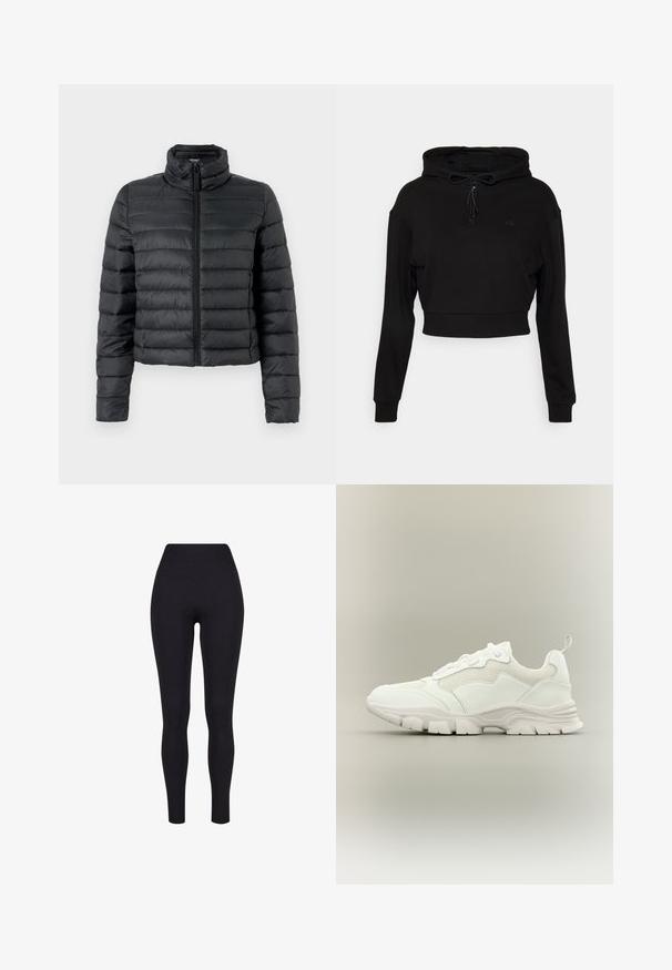 Zwarte pufferjack met hoge kraag, voorzijde met rits en gewatteerd ontwerp. Heeft een cropped lengte en een gladde, synthetische stofstructuur.; Even&Odd active by Zalando Hoodie - black; Zwarte high-waisted legging, gemaakt van rekbaar materiaal, met een gladde textuur en een aansluitend ontwerp zonder zichtbare naden of patronen.; Witte sportieve sneaker met mesh en leren bovenwerk, dikke zool en trekriem aan de hiel, getoond in zijaanzicht op een neutrale achtergrond.
