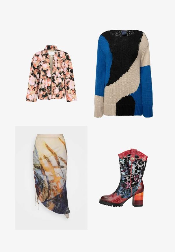 Chaqueta abierta para mujer con un patrón abstracto de flores en rosa, negro, beige y coral, y mangas largas.; Suéter de punto con bloques de color audaces en negro, azul y beige. Cuello redondo, mangas largas y puños acanalados que aportan textura y calidez.; Materiel DIAGONAL GATHERED SKIRT - Falda de tubo - golden hour; Bota hasta la mitad de la pantorrilla con tacón, acentos de cuero rojo, patrones florales de lentejuelas coloridas y un tacón bloque de madera en capas.