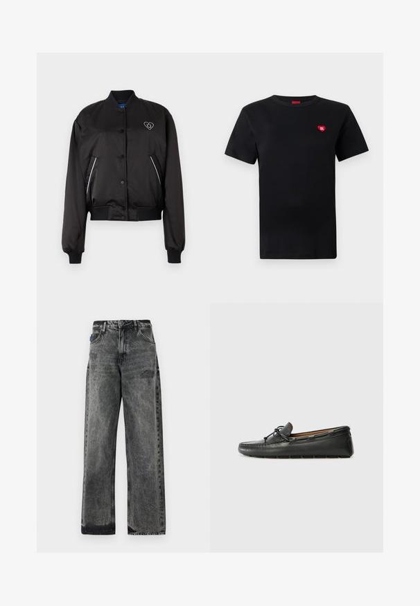 Sort bomberjakke med en glat, blank overflade, ribbede manchetter og talje, frontlukning med knapper og hjerteformet logo-detalje.; Sort bomulds t-shirt med korte ærmer, rund halsudskæring, med et lille rødt hjerte-logo og teksten "HUGO" på venstre brystområde.; Bredde ben sorte denimjeans med en falmet vask, slidte detaljer foran og standard fem-lomme design.; Sorte læder bådsko med afrundet tå, stikninger, lille sløjfedetalje og gummisål. Glat tekstur og strømlinet design.