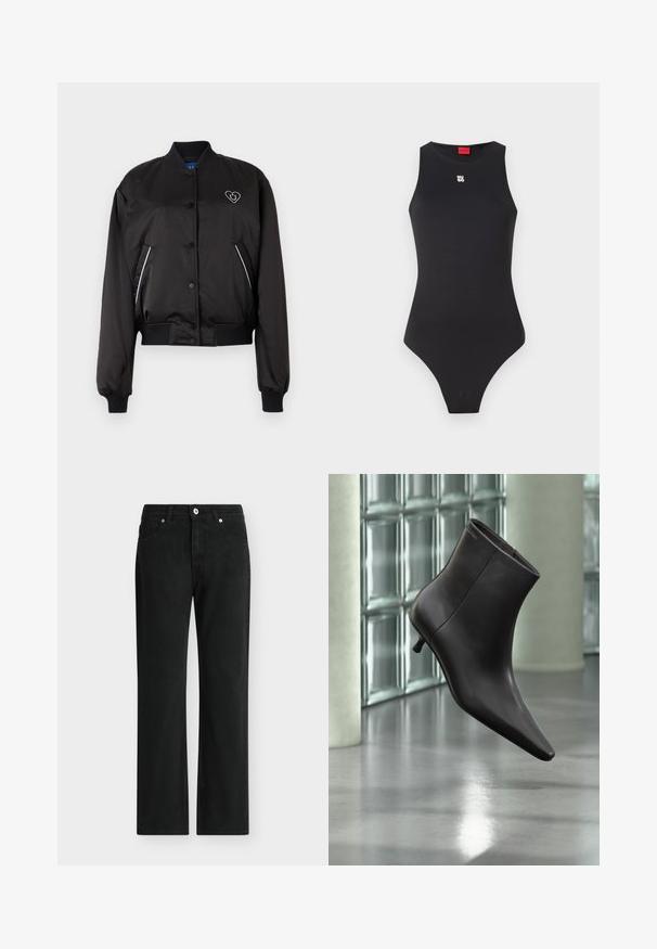 Sort bomberjakke med en glat, blank overflade, ribbede manchetter og talje, frontlukning med knapper og hjerteformet logo-detalje.; Sort bodysuit med en ærmeløs design, lavet af glat materiale. Har et lille hvidt logo på brystet og et højt skåret benåbning.; Sorte jeans med lige ben, foran med knap og lynlås, design med fem lommer og bæltestropper.; Sort læderankelstøvle med spids tå og lille hæl vist mod en væg af glasblokke og poleret gulv baggrund.