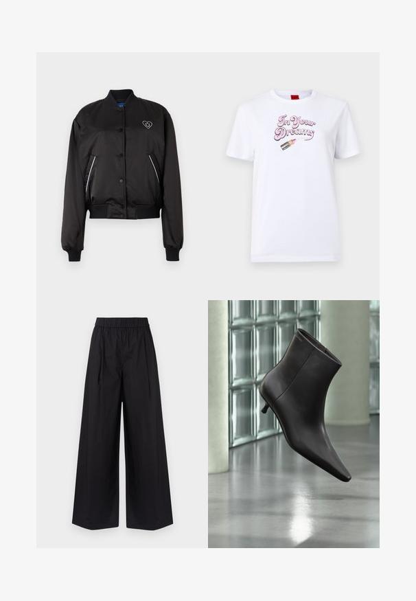Sort bomberjakke med en glat, blank overflade, ribbede manchetter og talje, frontlukning med knapper og hjerteformet logo-detalje.; Hvid bomulds T-shirt med sætningen "In Your Dreams" i pink skrifttype og et grafik af en læbestift med pink detaljer.; Sorte bukser med bred benvidde lavet af glat stof, med elastisk talje og uden synlige lommer eller hardwaredetaljer.; Sort læderankelstøvle med spids tå og lille hæl vist mod en væg af glasblokke og poleret gulv baggrund.