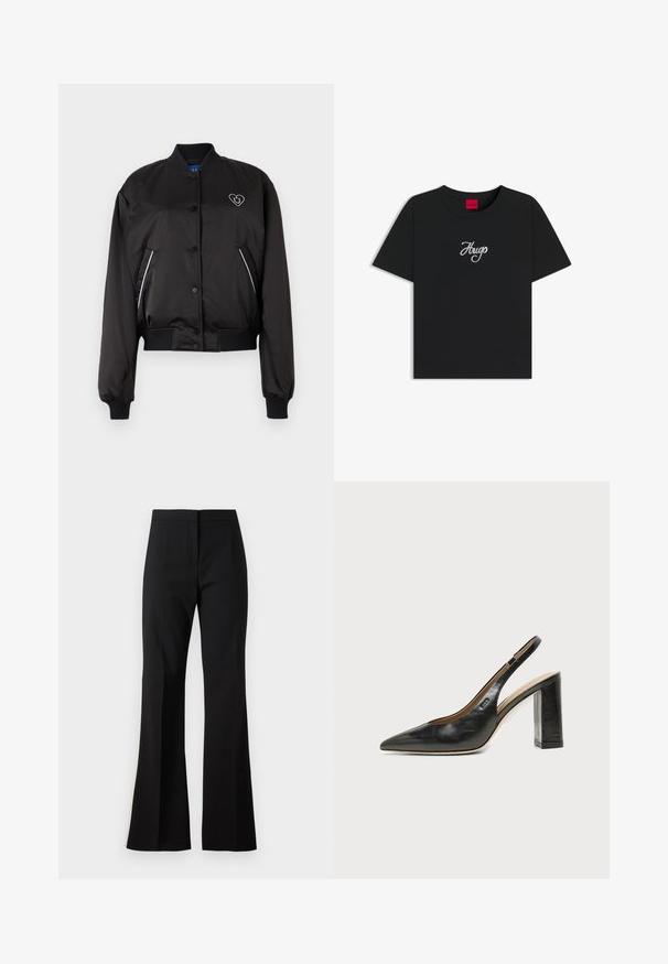 Blouson noir en matériau lisse et brillant, avec des poignets et une ceinture côtelés, une fermeture à boutons sur le devant et un détail de logo en forme de cœur.; T-shirt en coton noir avec un col rond et des manches courtes. Logo "Hugo" blanc brodé remarquable à l'avant.; Pantalon noir évasé en tissu lisse, avec une taille haute, des plis sur le devant et une finition nette aux ourlets.; Chaussure slingback en cuir noir à bout pointu avec un talon bloc haut et une doublure intérieure beige sur un fond clair uni.