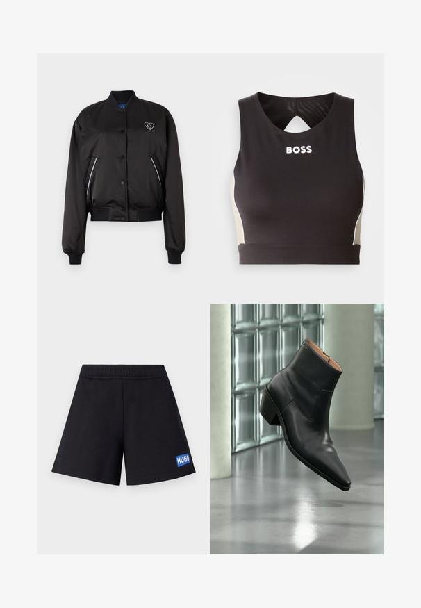 Blouson noir en matériau lisse et brillant, avec des poignets et une ceinture côtelés, une fermeture à boutons sur le devant et un détail de logo en forme de cœur.; Crop top de sport noir avec un dos en clé, présentant l'inscription "BOSS" en blanc et des accents beige sur les côtés. Fabriqué en tissu extensible et lisse.; Shorts noirs à coupe décontractée, avec une taille élastique et un logo "HUGO" bleu sur la cuisse gauche ; fabriqués à partir d'un matériau doux et respirant.; Bottine en cuir noir avec un bout pointu et un talon carré lévitant au-dessus d'un sol gris réfléchissant près d'un mur en blocs de verre.