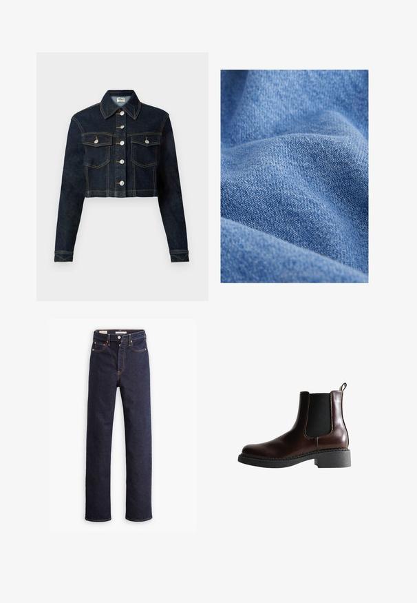 Kürz-jeansjacke in Dunkelblau mit klassischem Kragen, langen Ärmeln, Knopfleiste und zwei Brusttaschen. Kontrastnähte setzen Akzente.; Helles blauer Denim-Stoff mit einer weichen Textur, der ein dezentes Webmuster und sanfte Drapierung zeigt.; Dunkelblaue gerade geschnittene Denim-Jeans mit fünf Taschen und sichtbaren orangefarbenen Nähten auf einem weißen Hintergrund.; Braune Leder-Boots mit elastischen Seitenteilen, runder Spitze und einer strukturierten schwarzen Gummisohle. Verfügt über kontrastierende Nähte und eine Ziehlasche.