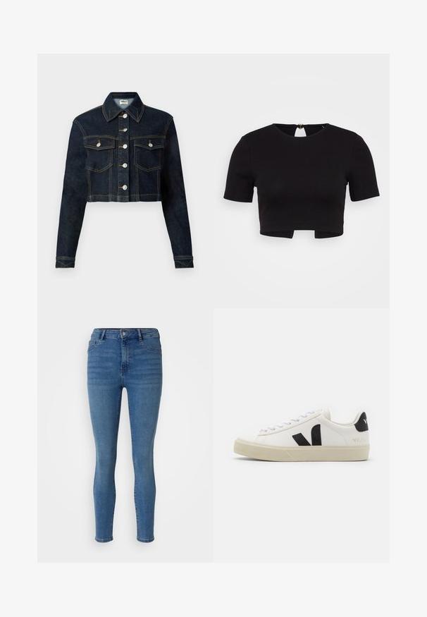 Beskaffet denimjakke i mørkeblå med klassisk krave, lange ærmer, knaplukning foran og to brystlommer. Kontraststing tilføjer detalje.; ONLY Petite ONLRENE OPEN BACK HEART - T-shirts print - black; Slank jeans i medium blå denim, med en frontknaplukning, bæltestroppene og fem lommestil med en glat tekstur.; Hvide lædersneakers med sort gummiv V-logo. Tekstureret off-white sål, hvide snørebånd og bagside med brandnavn i sort.