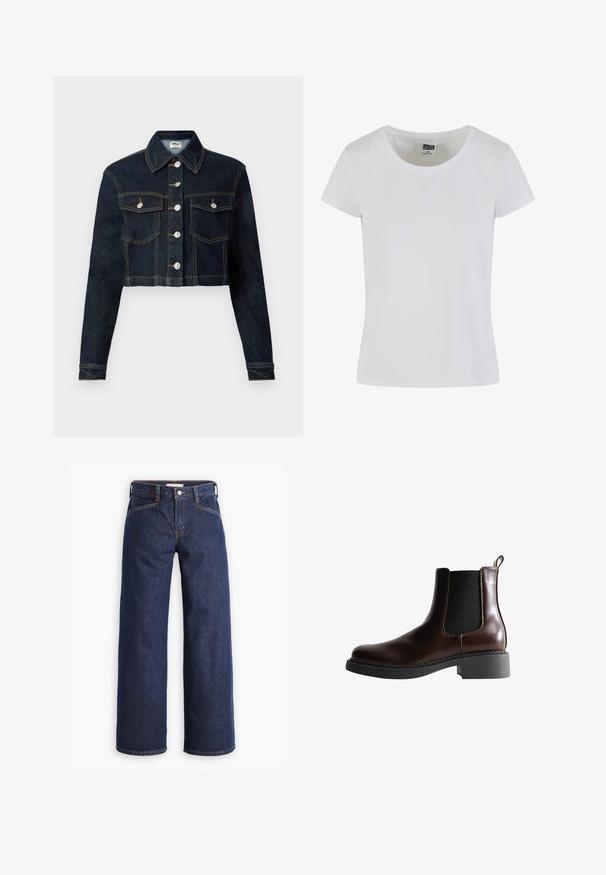 Beskaffet denimjakke i mørkeblå med klassisk krave, lange ærmer, knaplukning foran og to brystlommer. Kontraststing tilføjer detalje.; Hvid, kortærmet t-shirt lavet af bomuld. Har en rund halsudskæring og en tætsiddende form. Lappen læser "URBAN CLASSICS."; Mørkeblå denim jeans med høj talje, bred benklipp og diskret orange syninger. Har knap- og lynlåslukning foran.; Brune læder ankelstøvle med elastiske sidepaneler, rund tå og en struktureret sort gummisål. Har kontrasterende syninger og en trækflap.
