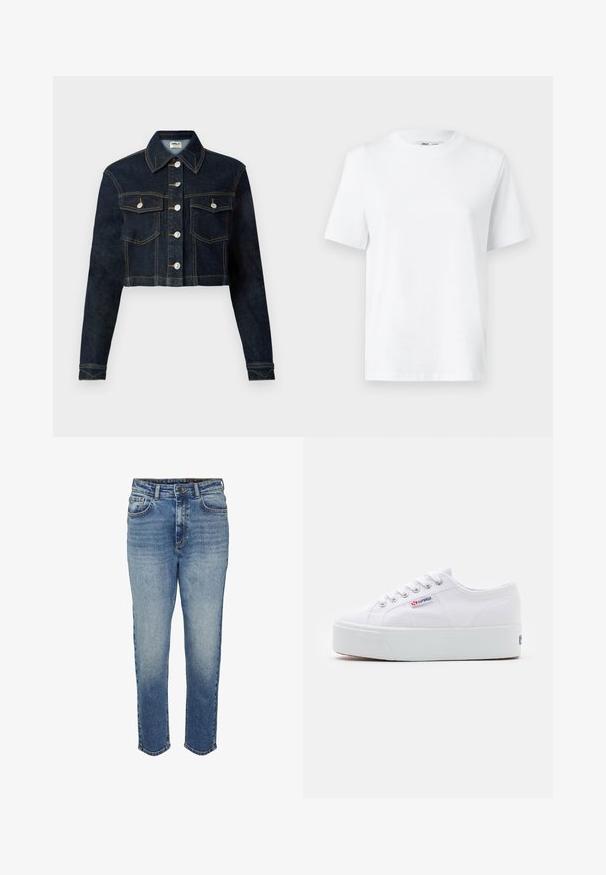 Beskaffet denimjakke i mørkeblå med klassisk krave, lange ærmer, knaplukning foran og to brystlommer. Kontraststing tilføjer detalje.; Hvid bomulds T-shirt med rund hals, kortærmet og en glat tekstur. Designet med en afslappet pasform for komfort og alsidighed.; Lyseblå denimjeans med et smalt ben, femlomme-design og et diskret falmet mønster. Afsluttet med syningsdetaljer og lukning med knap.; Hvide canvas sneakers med en tyk hvid platformssål, rund tå og metaløjelets til snørebånd. Mærkets logo præsenteret på siden.