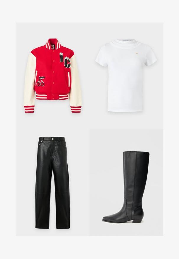 Veste universitaire rouge et blanche avec poignets et col rayés, écusson cerise sur le devant gauche, et lettres "IC" sur la poitrine droite.; T-shirt blanc à manches courtes avec un col rond superposé et un petit emblème doré sur la poitrine gauche.; Pantalon noir droit en similicuir taille haute avec bouton avant, fermeture éclair, passants pour ceinture et poches latérales sur fond uni.; Bottes en cuir noires montant jusqu'aux genoux, avec bout pointu et talon bas carré, présentant une texture lisse et un design épuré et élégant.
