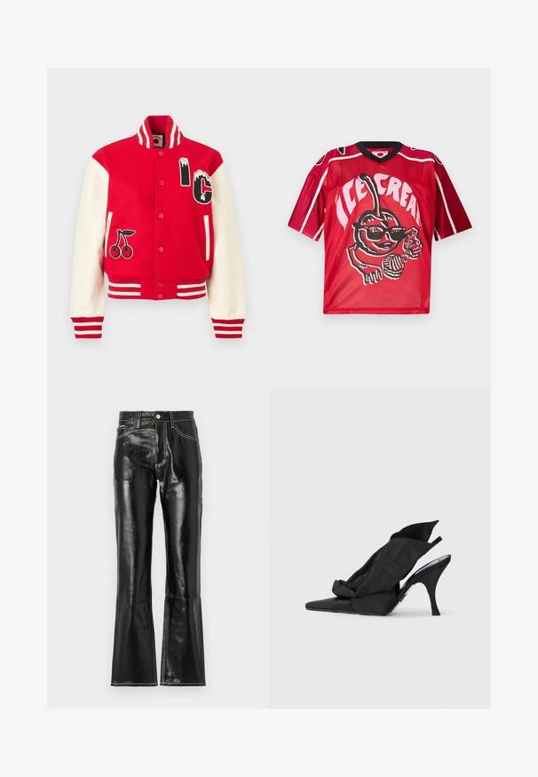 Veste universitaire rouge et blanche avec poignets et col rayés, écusson cerise sur le devant gauche, et lettres "IC" sur la poitrine droite.; Maillot de sport rouge avec col noir, grand graphisme d'une cerise souriante portant des lunettes de soleil, tenant un cornet de glace et une cuillère, texte "GLACE".; Pantalon noir taille haute évasé en matériau brillant avec des coutures blanches contrastantes et une fermeture éclair à l'avant. Comprend deux poches avant.; Escarpins slingback noirs à talons hauts avec une pointe pointue, dotés d'une tige en textile drapé et d'un nœud décoratif sur le panneau avant.