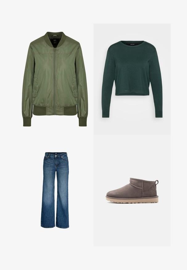 Olivovo zelená bomber bunda vyrobená z lesklého materiálu, s predným zipsom, rebrovanými manžetami a priliehavým pásom, s diskrétnymi bočnými vreckami.; Tmavozelený skrátený sveter s okrúhlym výstrihom a dlhými rukávmi, s pletenou textúrou a rebrovaným lemom a manžetami.; Stredne modré rozšírené džínsy so zapínaním vpredu na gombík a zips, so slučkami na opasok a päťvreckovým dizajnom, zobrazené na bielom pozadí.; Nízky hnedý semišový topánok so šmykľavým zapínaním, textúrovanou podrážkou a pútkom na jednoduchom pozadí.