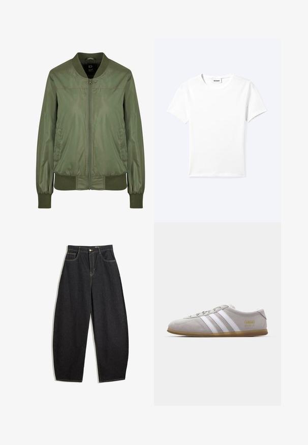 Veste bomber vert olive en tissu brillant, dotée d'une fermeture éclair à l'avant, de poignets côtelés et d'une taille ajustée, avec des poches latérales discrètes.; T-shirt blanc uni à manches courtes et col rond avec une petite étiquette "WEEKDAY" à l'intérieur de l'encolure, présenté à plat sur un fond clair.; Pantalons larges en denim noir avec taille haute, dotés de coutures jaunes, de deux poches avant et d'une fermeture à un bouton.; Baskets en daim gris avec des rayures en cuir blanc et un logo doré. Semelle en gomme plate, bout rond et design classique à lacets.