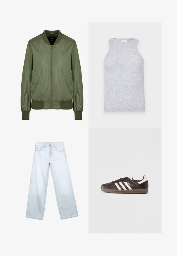 Olivovo zelená bomber bunda vyrobená z lesklého materiálu, s predným zipsom, rebrovanými manžetami a priliehavým pásom, s diskrétnymi bočnými vreckami.; Sivý bezrukávový top vyrobený z textúrovanej pleteniny, s okrúhlym výstrihom a kontrastným lemom okolo krku.; Svetlomodré džínsy so širokými nohavicami, prednými vreckami, očkami na opasok a zapínaním na gombík na bielom pozadí.; Tmavohnedé kožené tenisky s bielym dizajnom troch pruhov, gumovou podrážkou a nápisom "Samba" v zlatej farbe na boku. Klasický nízky strih.