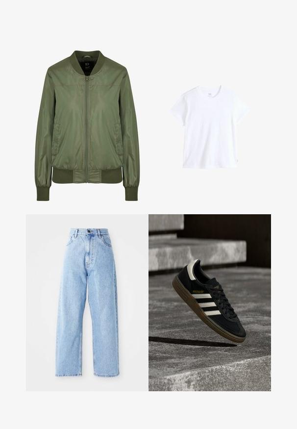 Olivengrüne Bomberjacke aus glänzendem Material, mit einem Reißverschluss vorne, gerippten Bündchen und einem taillierten Bund, sowie diskreten Seitentaschen.; Weißes Baumwoll-T-Shirt mit kurzen Ärmeln, rundem Ausschnitt und geradem Saum. Mit kleinem rotem Logostreifen an der unteren linken Seite.; Hoch-taillierte hellblaue Jeans mit geraden, weiten Beinen, vorderem Knopf, Reißverschluss und Front- sowie Gesäßtaschen.; Schwarzer Adidas-Sneaker mit weißen Streifen und Gummisohle schwebt über grauen Betonstufen im natürlichen Licht.