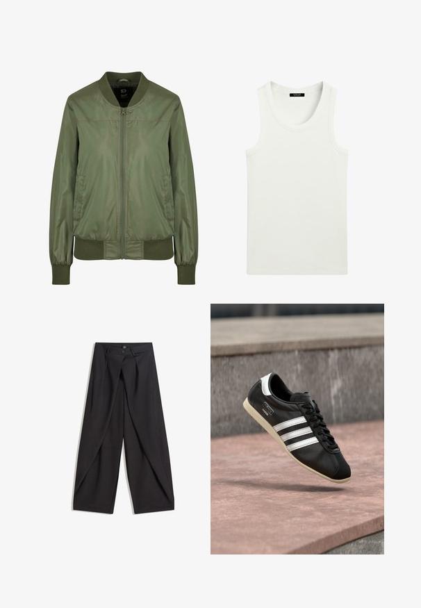 Olijfgroene bomberjack van glanzende stof, met een ritssluiting aan de voorkant, geribde manchetten en een aansluitende tailleband, voorzien van discrete zijzakken.; Witte mouwloze geribbelde tanktop met ronde halslijn en label aan de binnenkant van de kraag.; Zwarte wijde broek met plooien aan de voorkant, twee knopen aan de tailleband en schuine zijzakken, plat weergegeven op een witte achtergrond.; Zwarte leren sneaker met witte strepen en zool, veters gestrikt, zwevend boven een rozeachtig betonnen oppervlak met een grijze stenen muur op de achtergrond.