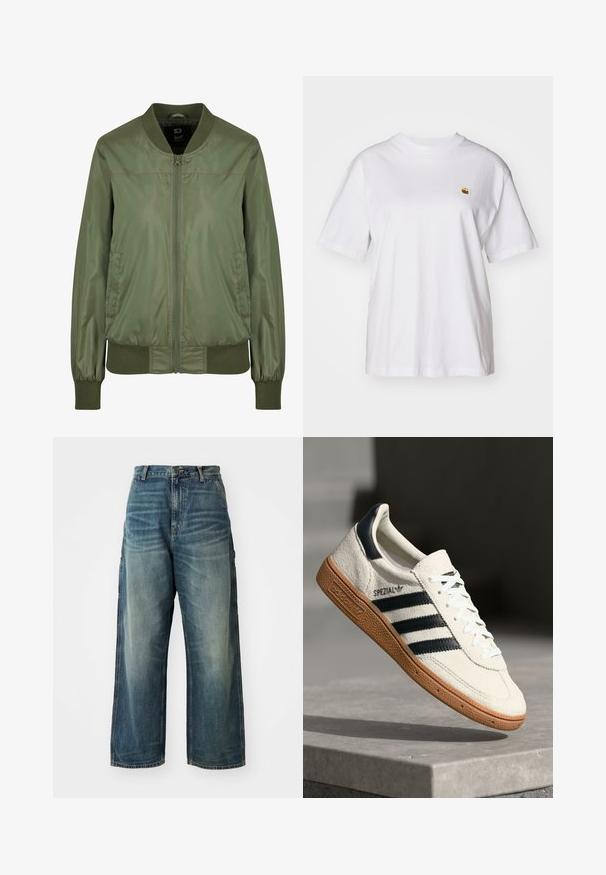 Olivengrüne Bomberjacke aus glänzendem Material, mit einem Reißverschluss vorne, gerippten Bündchen und einem taillierten Bund, sowie diskreten Seitentaschen.; Weißes Baumwoll-T-Shirt mit lockerem Schnitt, kurzen Ärmeln und einem kleinen gestickten Logo auf der linken Brustseite.; Weite Denim-Jeans in einem ausgewaschenen Blauton. Verfügbar mit einem Knopfverschluss, fünf Taschen und sichtbaren Nähten. Das Material hat eine glatte Textur.; Weiße Wildleder-Sneaker mit marineblauen Streifen, Gummisohle, strukturiertem Obermaterial, runder Zehenform und Schnürung; mit Branding an der Seite und auf der Zunge.