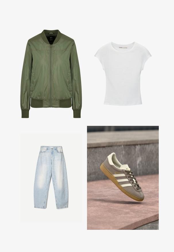 Olivengrüne Bomberjacke aus glänzendem Material, mit einem Reißverschluss vorne, gerippten Bündchen und einem taillierten Bund, sowie diskreten Seitentaschen.; Weißes Baumwoll-T-Shirt mit kurzen, aufgerollten Ärmeln, rundem Ausschnitt und geradem Saum. Glatte Textur ohne sichtbare Muster oder Akzente.; Hellblaue Jeans aus Denim mit lockerer Passform, im ausgewaschenen Finish, zwei Fronttaschen und einem Knopfverschluss am Bund.; Hellbrauner Adidas-Sneaker aus Wildleder mit weißen Streifen und einer braunen Gummisohle, schwebt über rosa Steinstufen im Freien.