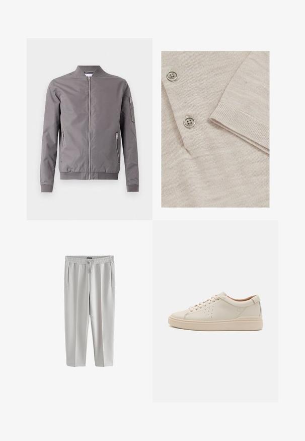 Veste bomber grise en tissu lisse. Elle dispose d'une fermeture éclair à l'avant, de poches latérales et d'une poche zippée sur le bras. Poignets et ourlet côtelés.; Cardigan beige clair avec une texture en tricot fin. Il présente trois boutons métalliques et des poignets côtelés pour une finition structurée.; Pantalon de survêtement gris clair en tissu lisse, avec une taille élastique et un cordon de serrage, ainsi que deux poches latérales.; Baskets en cuir beige avec un bout rond, des lacets plats, des détails perforés sur les côtés et une semelle en caoutchouc épaisse et texturée. Doublure en cuir naturel.