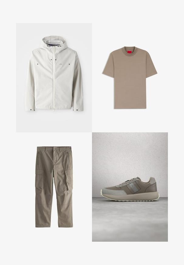 Chaqueta blanca ligera con capucha, cierre de cremallera y botones de acento negros. Textura suave con un sutil patrón de rayas. Branding mínimo.; Camiseta beige de manga corta con cuello redondo y etiqueta con el logo rojo de HUGO dentro del cuello, mostrada extendida sobre un fondo blanco.; Pantalones cargo color caqui con trabillas para cinturón, bolsillos frontales con cremallera, bolsillos laterales con cierre de botón a presión y diseño de pierna recta.; Zapatillas de cuero beige con una textura suave y detalles en gamuza gris. Cuentan con una suela acolchada y un diseño minimalista. Logo de Calvin Klein visible.