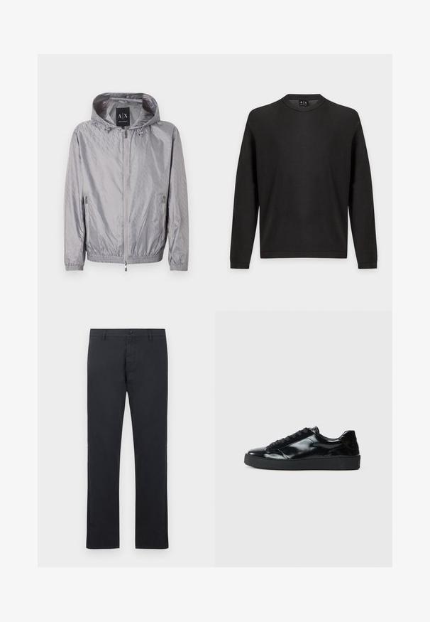 Veste à capuche zippée gris clair avec un motif en relief subtil, deux poches latérales zippées, des poignets élastiques, et une étiquette Armani Exchange à l'intérieur du col.; Pull noir texturé à manches longues avec col rond, poignets et ourlet côtelés sur fond gris clair.; Pantalon droit noir pour homme avec passants de ceinture, fermeture à boutons et poches avant, présenté sur un fond blanc.; Baskets en cuir verni noir avec un bout arrondi, un laçage, une semelle en caoutchouc texturé et une finition lisse.