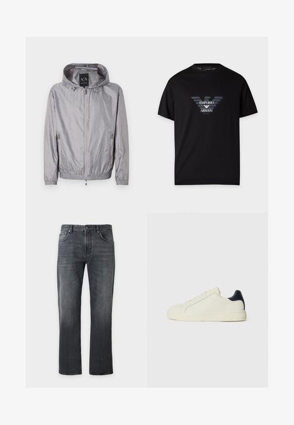Veste à capuche zippée gris clair avec un motif en relief subtil, deux poches latérales zippées, des poignets élastiques, et une étiquette Armani Exchange à l'intérieur du col.; T-shirt noir à manches courtes avec un logo Emporio Armani flou et le texte "MILANO" imprimé au centre devant.; Jean noir droit avec fermeture avant par bouton et zip, design cinq poches et détails subtils d'usure.; Sneaker en cuir blanc avec une accent en cuir marine au talon, bout rond, semelle en caoutchouc plate et laçage à l'avant avec six œillets.