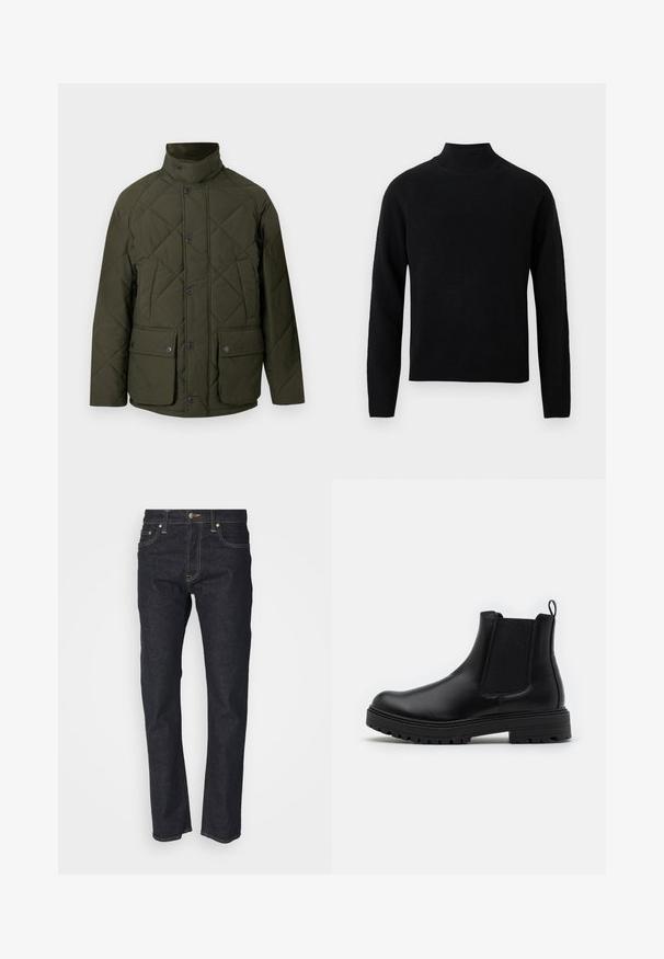 Veste matelassée verte avec un col montant, des boutons sur le devant, et deux grandes poches à rabat avec fermetures à pression. Le tissu a une texture lisse.; Pull noir à col roulé avec manches longues, fabriqué en maille douce. Caractérisé par un col et un ourlet côtelés pour une silhouette ajustée.; Jeans en denim bleu foncé avec une coupe droite, dotés d'une fermeture à bouton, de cinq poches et de coutures dorées. Texture lisse.; Zign by Zalando LEATHER - Bottines - black