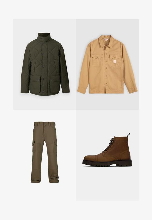 Veste matelassée verte avec un col montant, des boutons sur le devant, et deux grandes poches à rabat avec fermetures à pression. Le tissu a une texture lisse.; Chemise beige à manches longues, avec deux poches sur la poitrine et une petite étiquette. Fabriquée en coton avec une texture lisse et un design de col classique.; Pantalons cargo en vert olive foncé, avec plusieurs poches, des coutures renforcées, une coupe droite et un tissu à texture lisse.; Botte de cheville en cuir marron à lacets avec semelle crantée noire épaisse et languette, sur fond blanc.