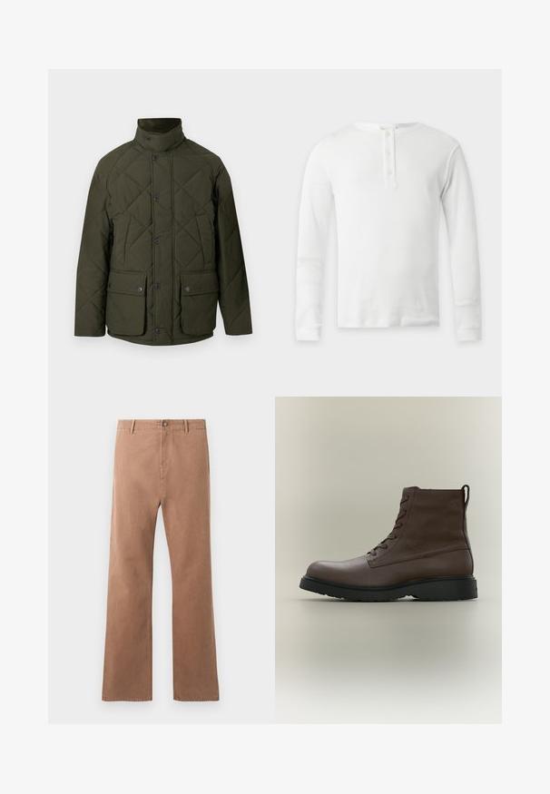 Veste matelassée verte avec un col montant, des boutons sur le devant, et deux grandes poches à rabat avec fermetures à pression. Le tissu a une texture lisse.; T-shirt thermique blanc à manches longues avec col rond et patte de boutonnage à trois boutons, présenté à plat sur fond clair.; Pantalons droits marron en coton. Dotés d'une fermeture à bouton, de poches à l'avant et de coutures visibles le long des coutures.; Bottine en cuir marron à lacets, semelle en caoutchouc noire, bout rond et languette à l'arrière, vue de profil sur fond neutre.