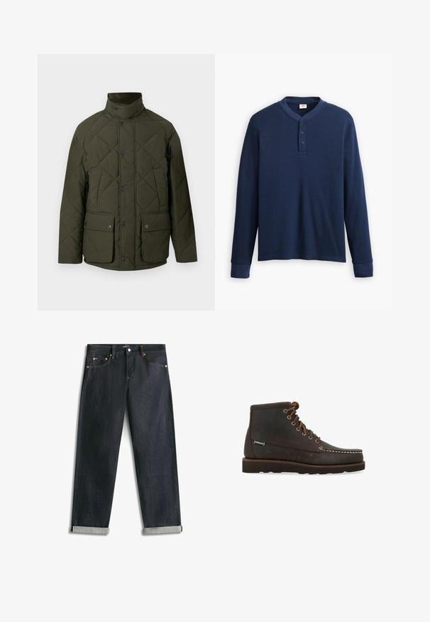 Veste matelassée verte avec un col montant, des boutons sur le devant, et deux grandes poches à rabat avec fermetures à pression. Le tissu a une texture lisse.; Chemise henley à manches longues de couleur bleu marine en tissu côtelé. Présente un col rond et une patte de boutonnage à trois boutons. Les poignets sont ajustés.; Jean en denim bleu foncé avec revers roulés, cinq poches et coutures contrastées, posé à plat sur un fond blanc.; Sebago Bottines à lacets - marrone