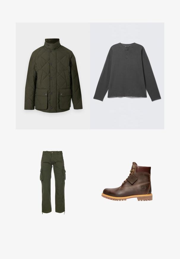 Veste matelassée verte avec un col montant, des boutons sur le devant, et deux grandes poches à rabat avec fermetures à pression. Le tissu a une texture lisse.; Chemise henley à manches longues gris foncé avec un col rond et trois boutons sur la patte de boutonnage avant.; Pantalons cargo verts en tissu de coton. Dotés de plusieurs poches latérales, d'une fermeture à bouton et de liens ajustables à la cheville. Style décontracté, coupe ample.; Bottine en cuir marron avec un bout rond, une semelle robuste, des éléments en doré et un dessus texturé. Comprend une étiquette de logo attachée.